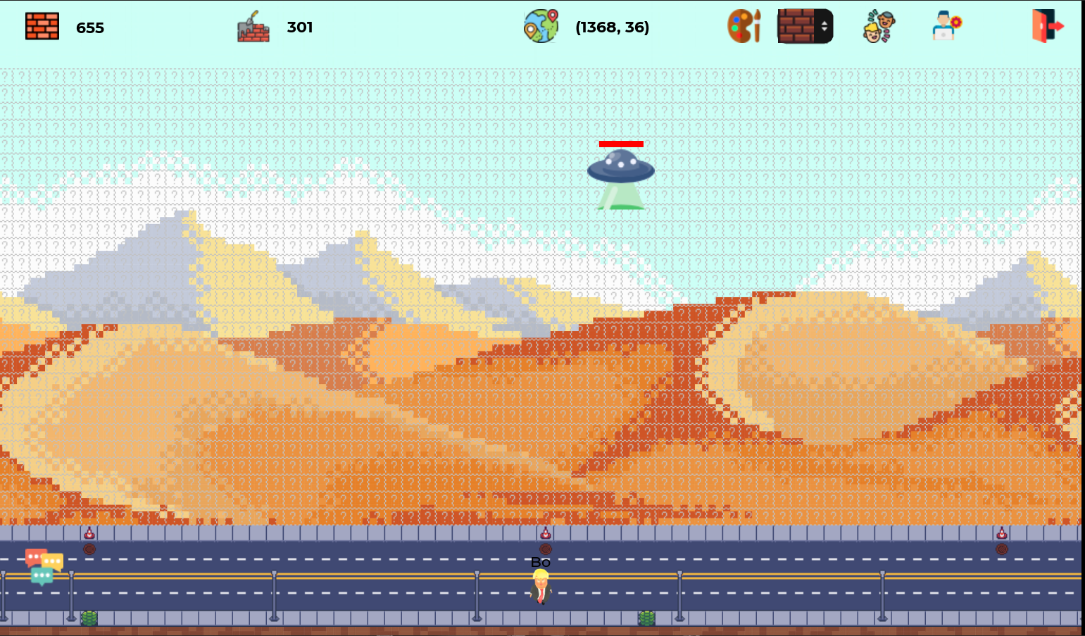 Wall Warz Gameplay - Desert landscape with UFO, player character, and partially built wall